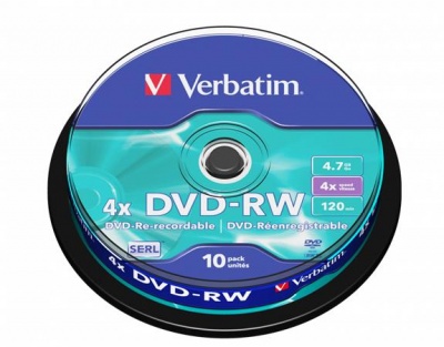 DVD-RW disk, prepisovateľný 4,7GB, 4x, 10 ks, cake box, VERBATIM