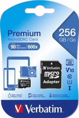 Pamäťová karta, microSDXC, 256GB CL10/U1, 90/10 MB/s, adapter, VERBATIM "Premium"