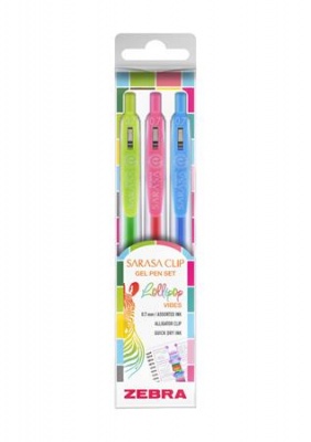 Sada gélových pier, 0,33 mm, s tlačidlom, ZEBRA „Sarasa Clip Lollipop“, 3 rôzne farby