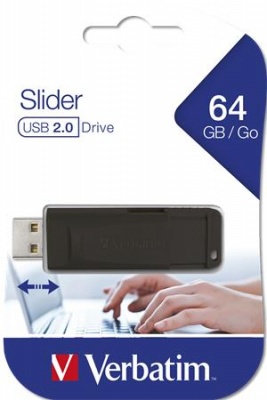 USB kľúč, 64GB, USB 2.0, VERBATIM "Slider", čierny