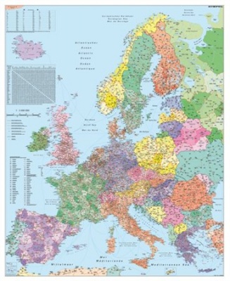 Nástenná mapa, 100x140 cm, kovová lišta, Európa, smerové čísla, STIEFEL - výrobok v AJ a NJ