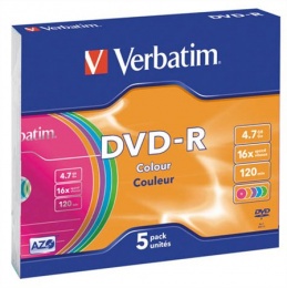 DVD-R disk, farebné, AZO, 4,7GB, 16x, 5 ks, tenký obal, VERBATIM